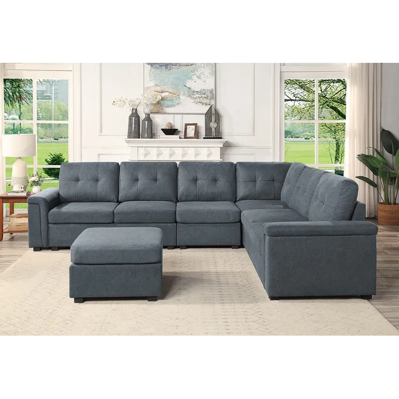 Isla - Woven Fabric 7 Seater Sectional Sofa, Ottoman - Gray