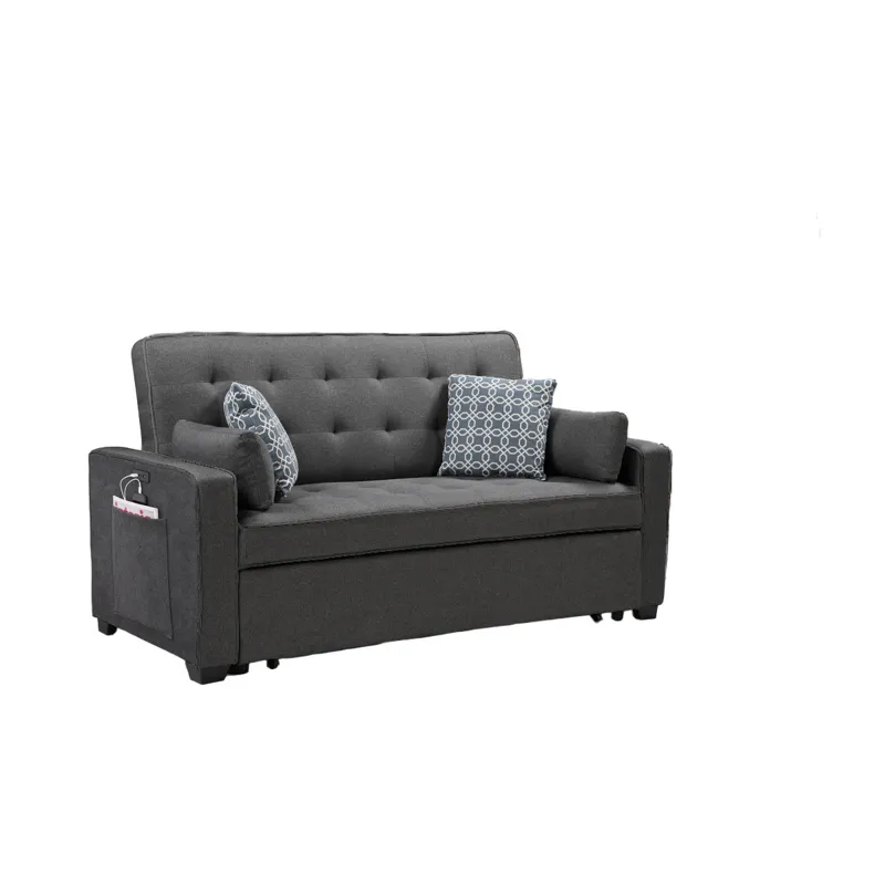 William - Modern Fabric Sleeper Sofa With 2 USB Charging Ports And 4 Accent Pillows - Gray