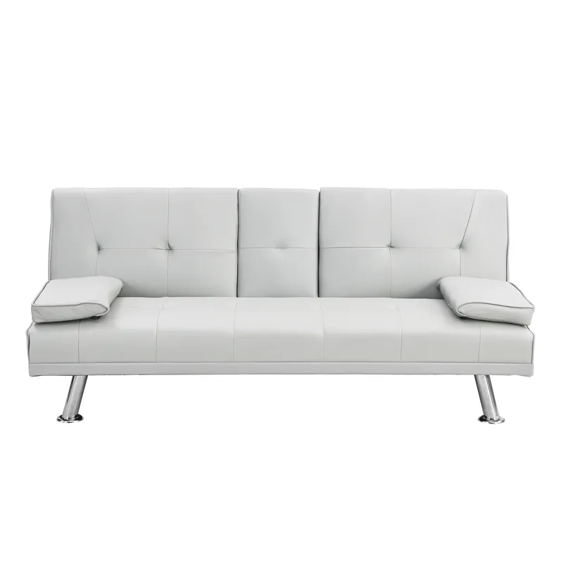 Futon Sofa Bed With Armrest Two Holders - White