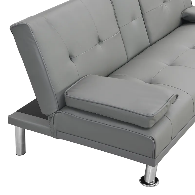 Sofa Bed With Armrest Two Holders Wood Frame, Stainless Leg Futon - Gray