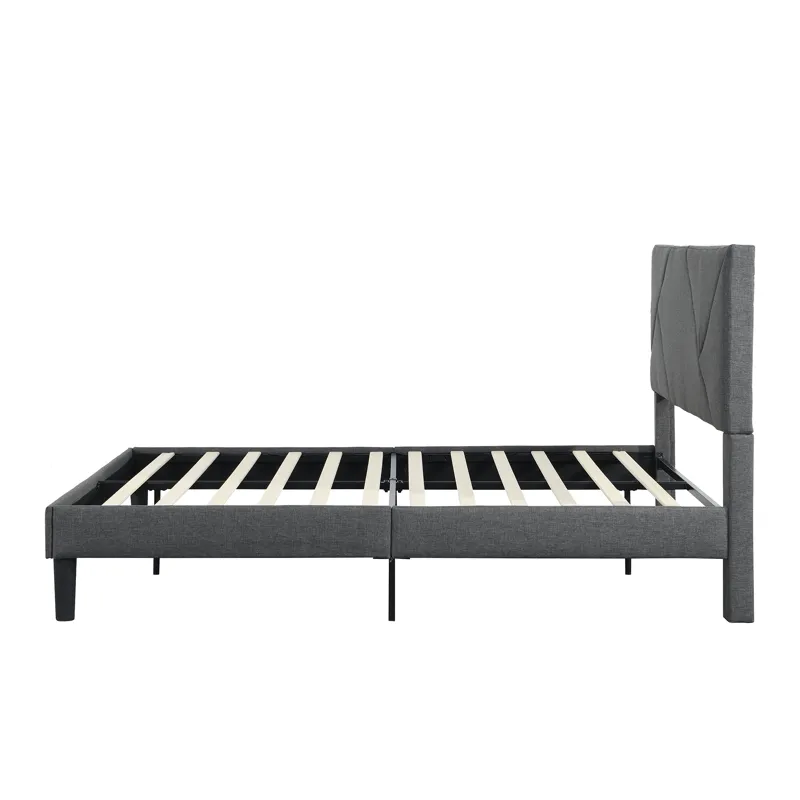 Full Size Upholstered Platform Bed Frame With Headboard, Strong Wood Slat Support, Mattress Foundati