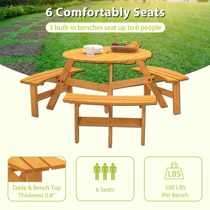 6 Person Circular Outdoor Wooden Picnic Table For Patio, Backyard, Garden, Diy With 3 Built-In Bench