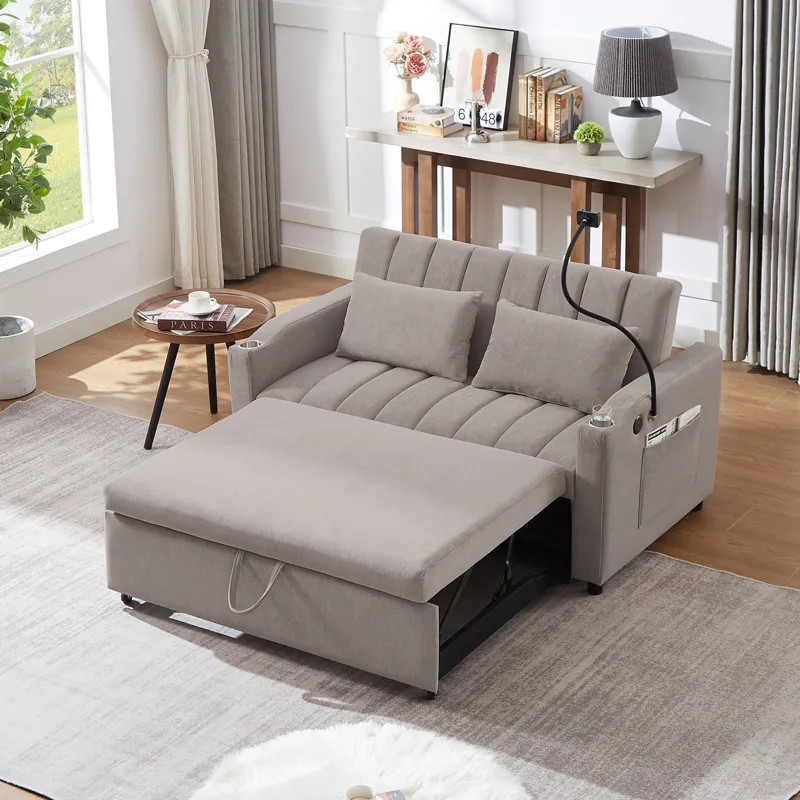 Convertible Sofa Bed Loveseat Sofa With Three USB Ports, Two Side Pockets, Two Cup Holders And 360° 