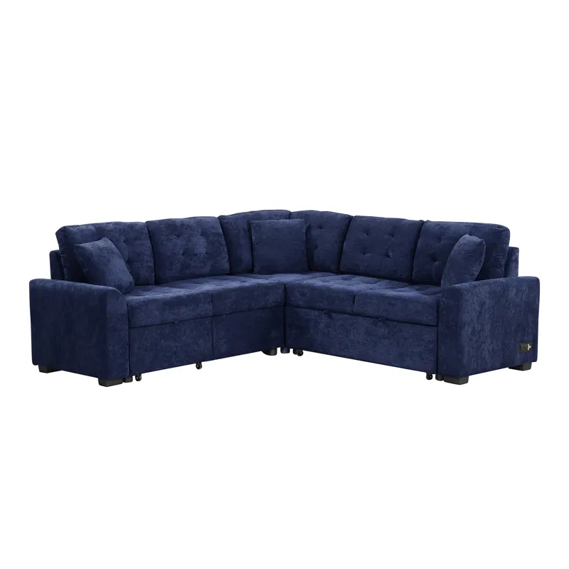 L-Shape Sofa Bed Pull-Out Sleeper Sofa With Wheels, USB Ports, Power Sockets For Living Room - Navy 