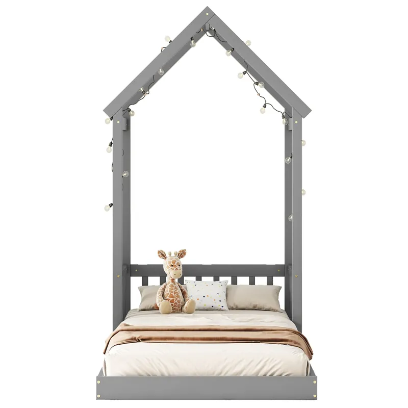 Twin House-Shaped Roof Headboard Floor Bed, (Without Slats) - Gray