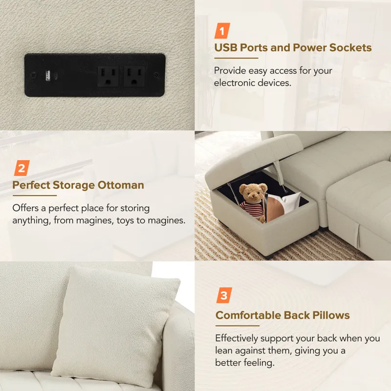 L-Shaped Sectional Pull Out Sofa Bed Sleeper Sofa With Two USB Ports, Two Power Sockets And A Movabl
