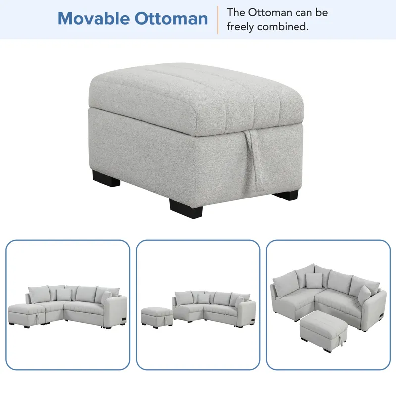 L-Shaped Sectional Pull Out Sofa Bed Sleeper Sofa With Two USB Ports, Two Power Sockets And A Movabl