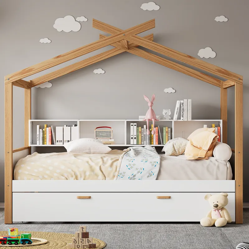 Twin Size Wooden House Bed With Original Wood Colored Frame Twin Size Trundle And Bookshelf Storage 