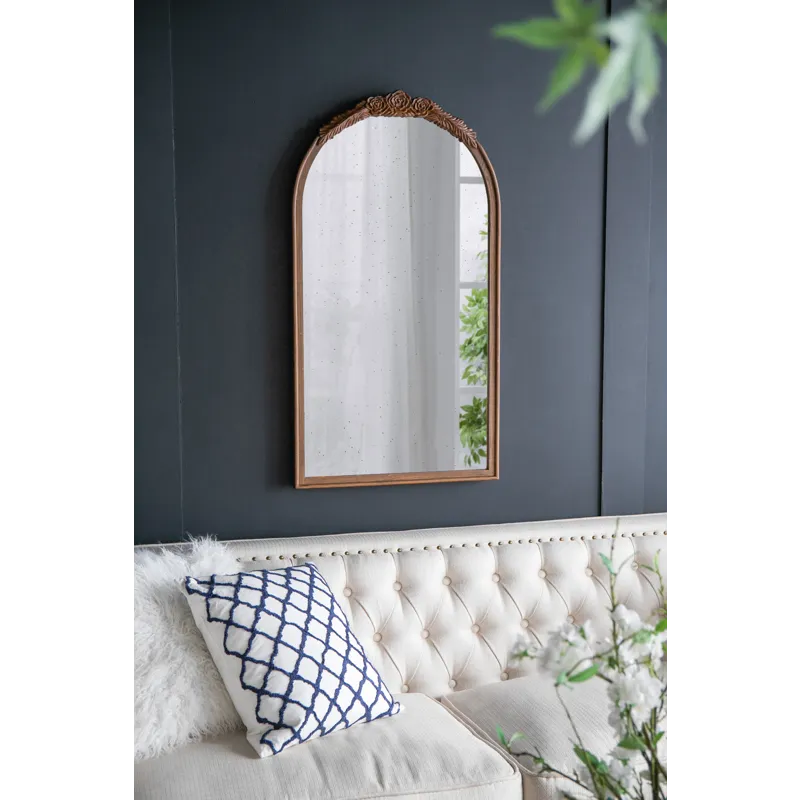 Elos Hand Carved Rose Antique Mirror Frame, Wood Arch Mirror Wall Decor For Living Room, Bathroom, E