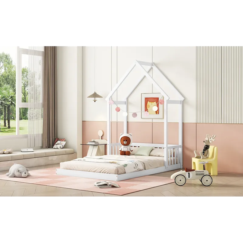 Full Roof-Framed Headboard Floor Bed With Headboard Guardrails - Without Slats White