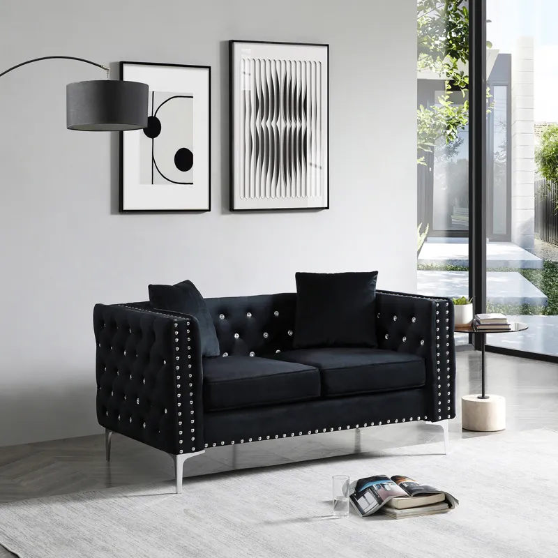 Wide Sofa With Jeweled Buttons Square Arm, 2 Pillows - Black
