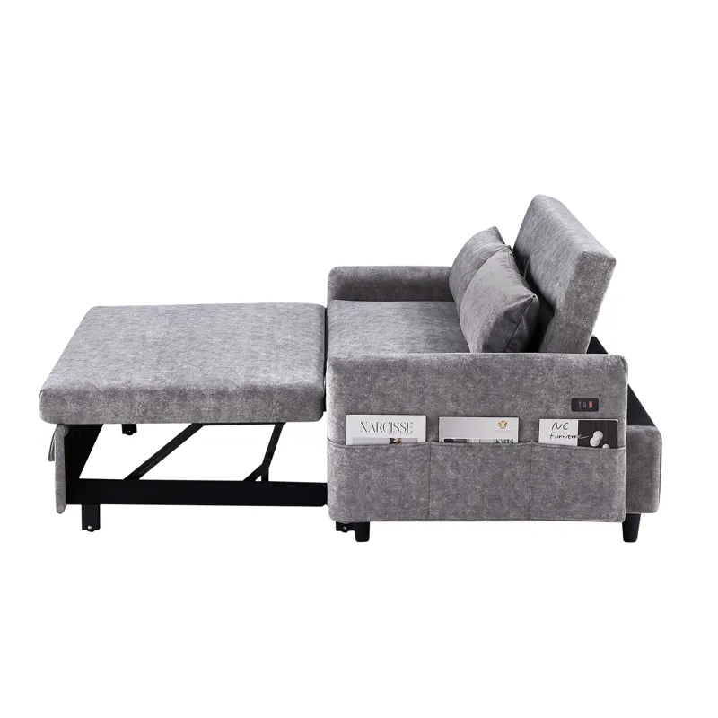 Pull Out Sleep Sofa Bed Loveseats Sofa Couch With Adjsutable Backrest, Storage Pockets, 2 Soft Pillo