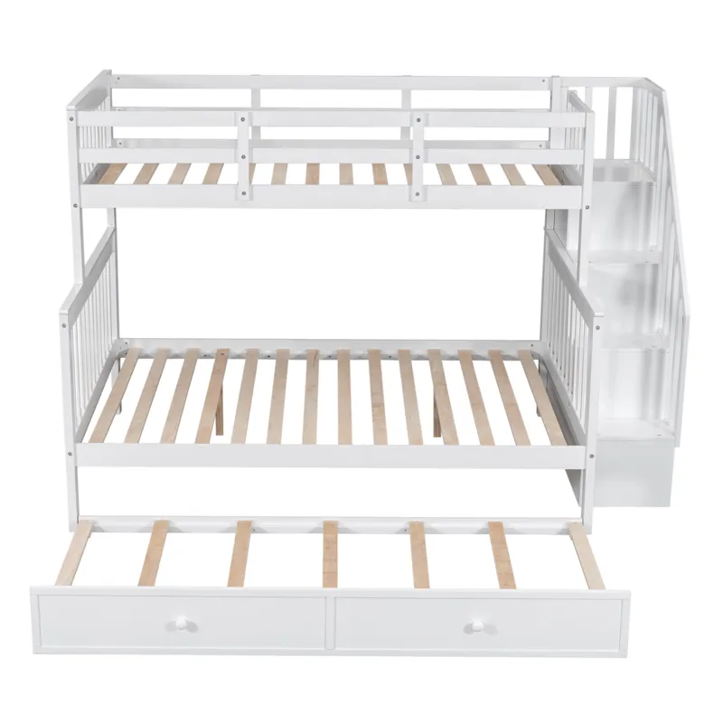 Twin Over Full Bunk Bed With Twin Size Trundle, Storage And Guard Rail For Bedroom, Dorm, For Adults