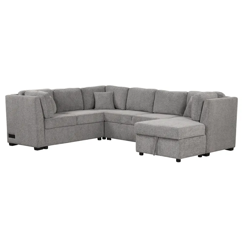 U-Shaped Sectional Sofa Pull Out Sofa Bed With Two USB Ports, Two Power Sockets, Three Back Pillows 