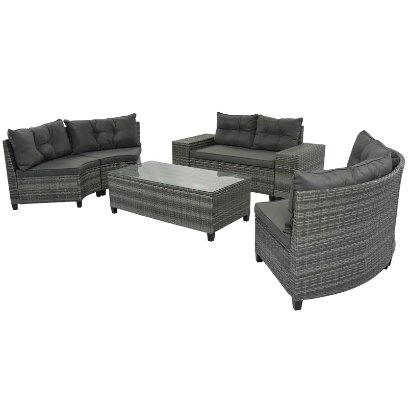 8 Pieces Outdoor Wicker Round Sofa Set, Half-Moon Sectional Sets All Weather, Curved Sofa Set With R
