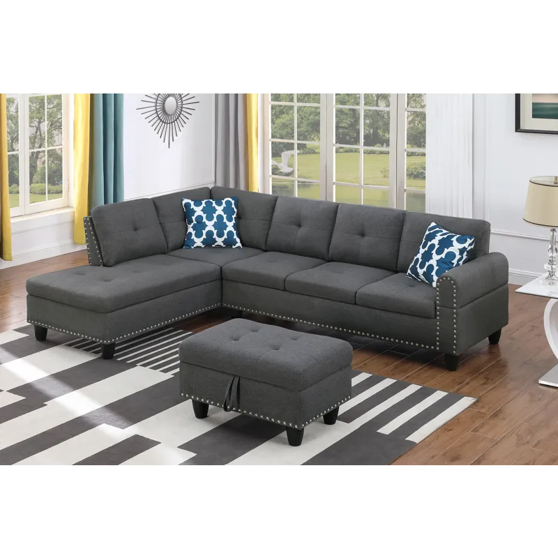 Alger - 98" Wide Left Hand Facing Sofa & Chaise With Ottoman - Dark Gray