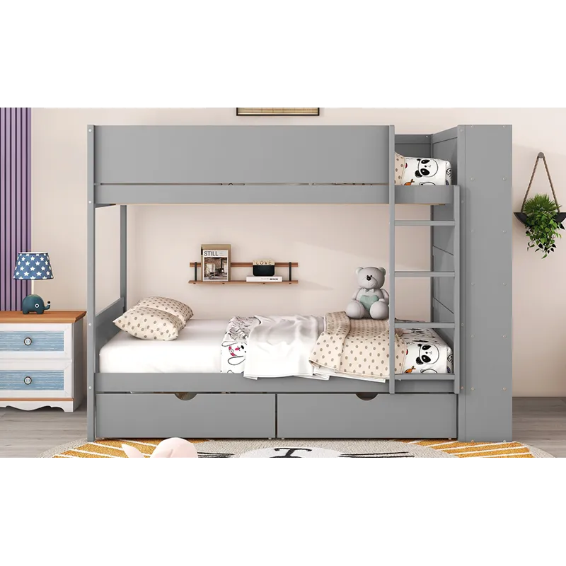 Full Over Full Bunk Bed With 2 Drawers And Multi - Layer Cabinet - Gray