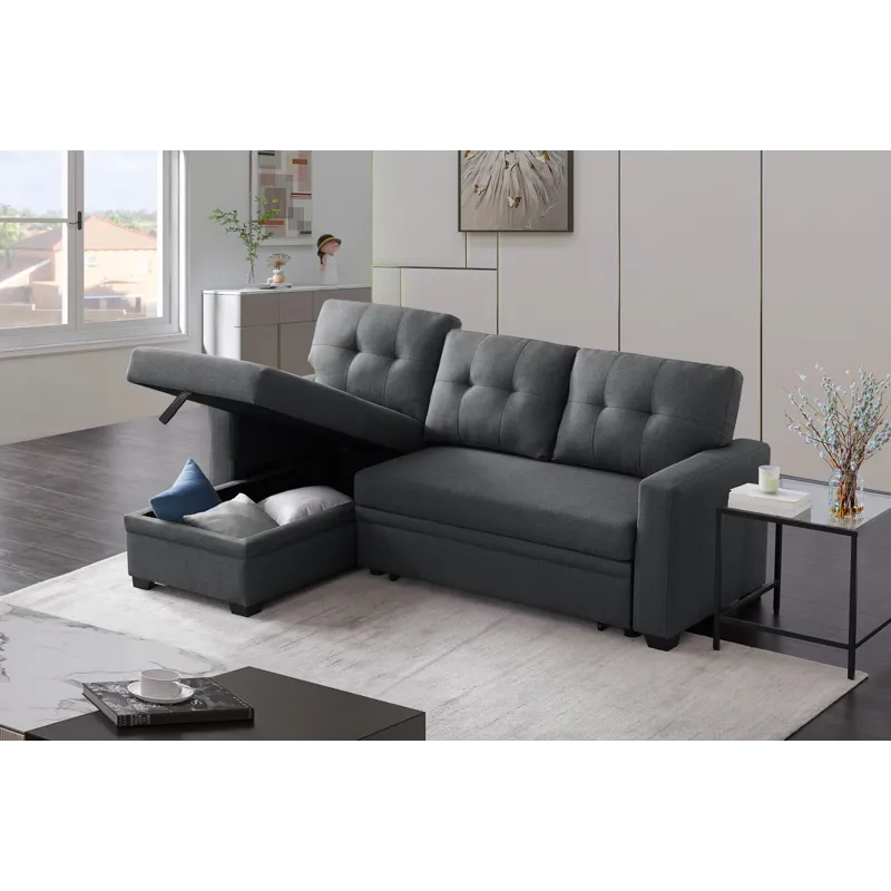 Upholstered Pull Out Sectional Sofa With Chaise - Dark Gray