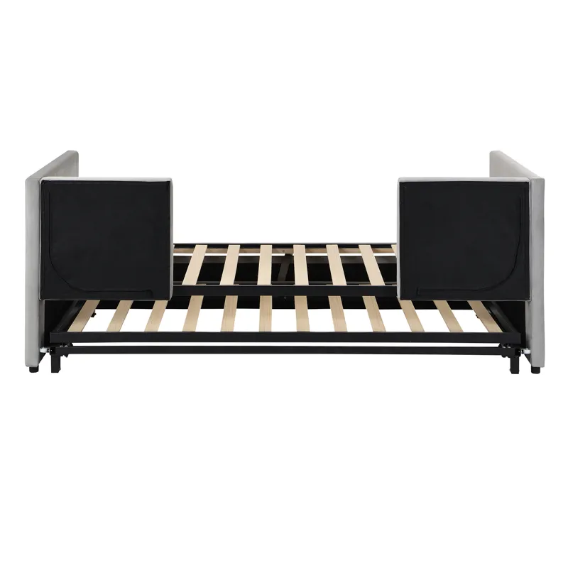 Twin Size Upholstered Daybed With Pop Up Trundle - Gray