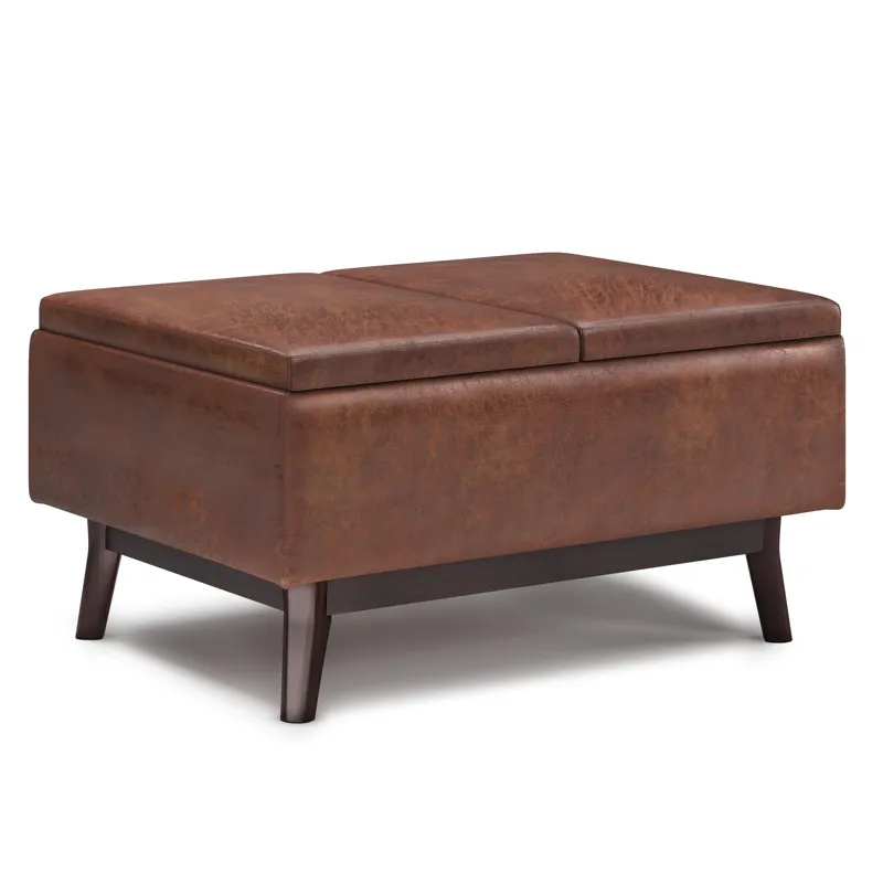 Owen - Tray Top Small Coffee Table Storage Ottoman - Distressed Saddle Brown
