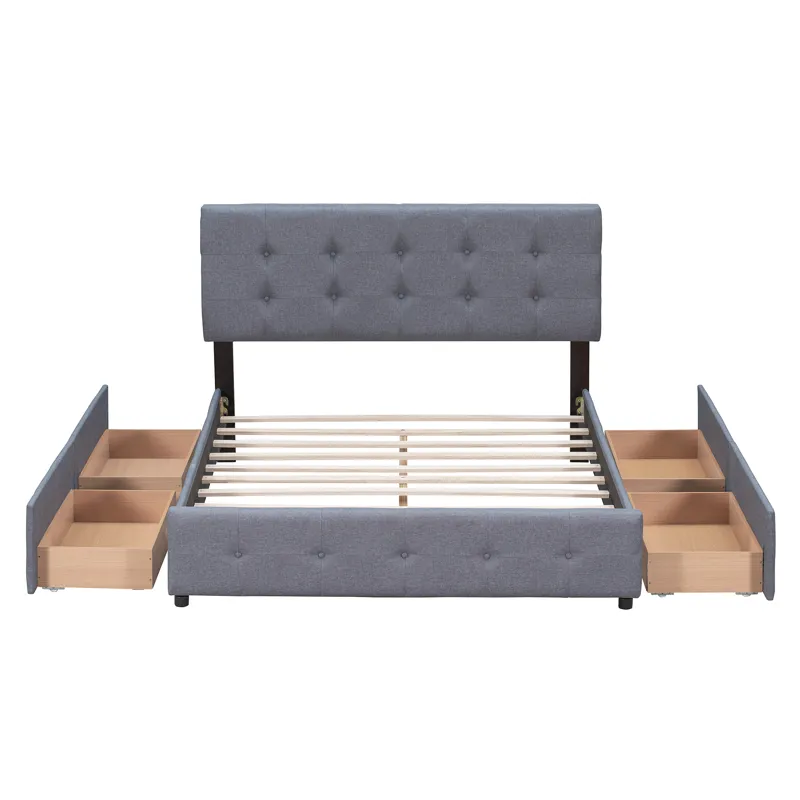 Queen Size Upholstered Platform Bed With Classic Headboard And 4 Drawers, No Box Spring Needed - Dar