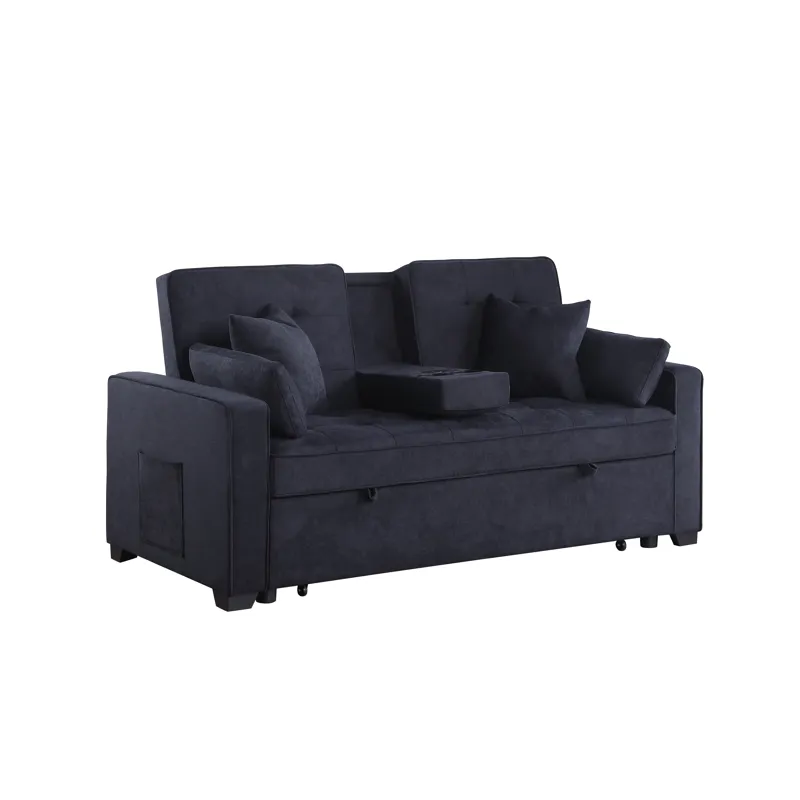 Cody II - 69.5\"W Dark Gray Woven Fabric Convertible Sleeper Loveseat With Cup Holder, Charging Port