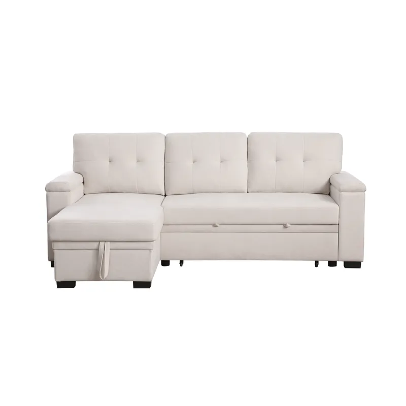 Lucca II  - 84.5\"W Beige Woven Fabric Reversible Sleeper Sectional Sofa With Storage Chaise and Poc