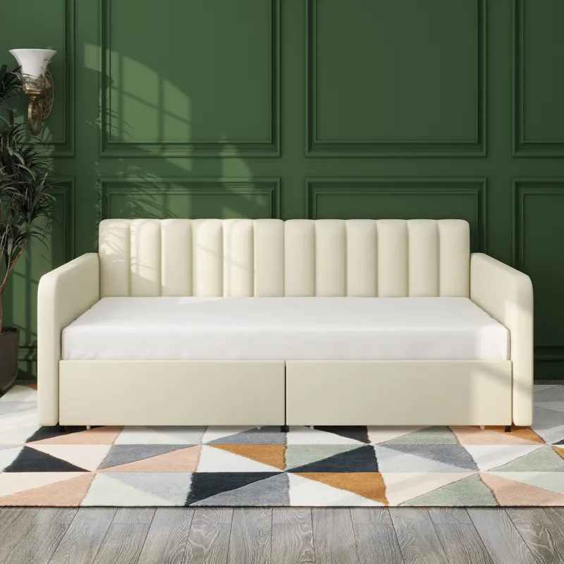 Flora - Twin Upholstered Daybed With 2 Drawers Ribbed Tufted Backrest in Lavish Modern Design - Ivor