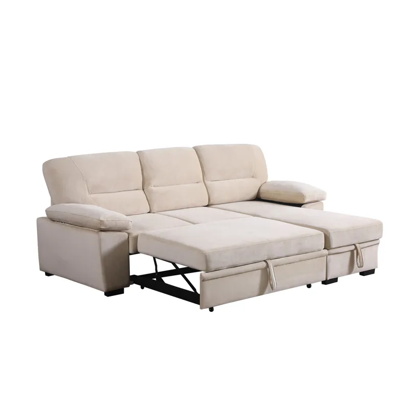 Kipling - Velvet Fabric Reversible Sleeper Sectional Sofa Chaise - Beige
