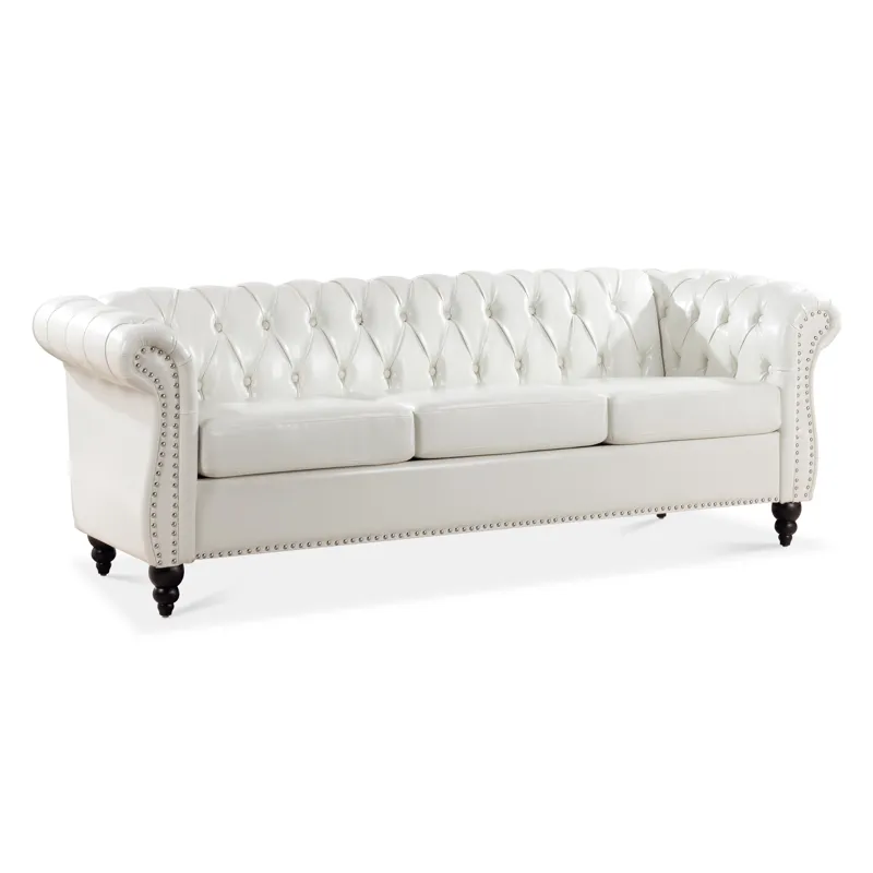 84.65\" Rolled Arm Chesterfield 3 Seater Sofa - White