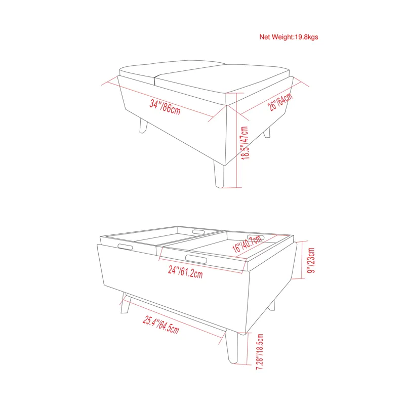 Owen - Tray Top Small Coffee Table Storage Ottoman - Distressed Chestnut Brown