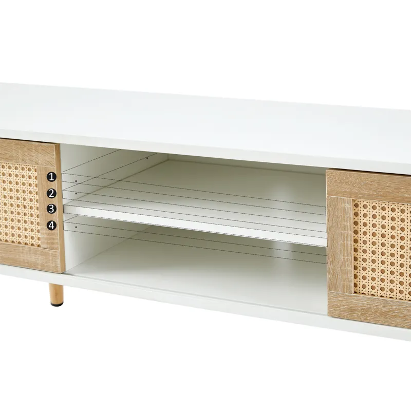 55.12\" Rattan TV Cabinet, Double Sliding Doors For Storage, Adjustable Shelf, Solid Wood Legs, TV C