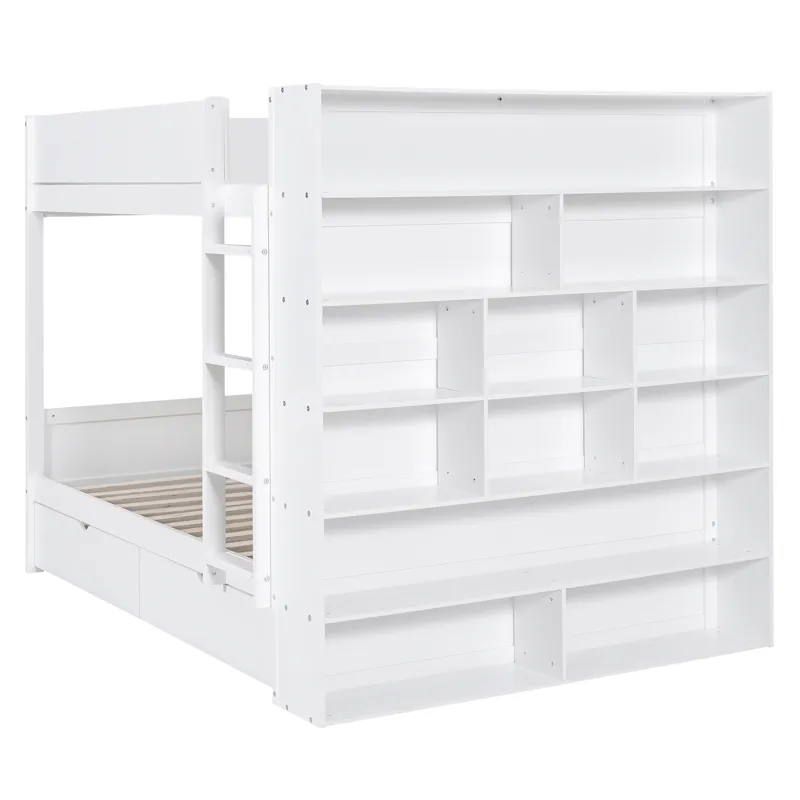 Full Over Full Bunk Bed With 2 Drawers And Multi - Layer Cabinet - White