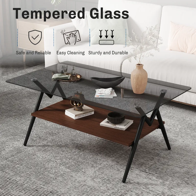 Rectangle Coffee Table With Tempered Glass Top And Brown MDF Shelf, Modern Table For Living Room - G