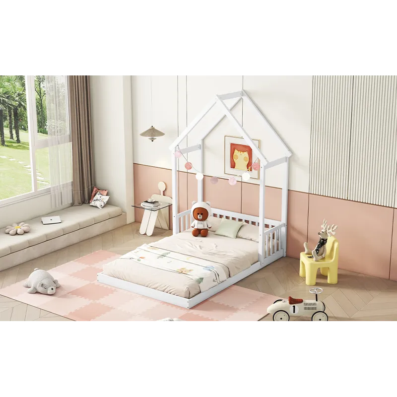 Full Roof-Framed Headboard Floor Bed With Headboard Guardrails - Without Slats White