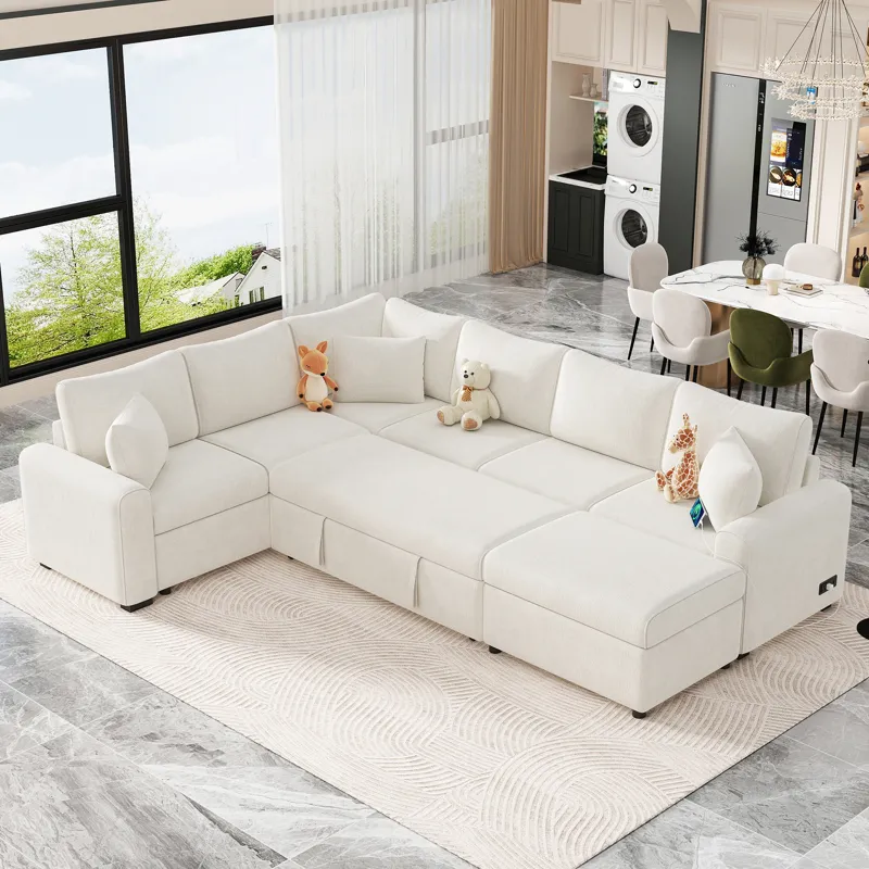 Sectional Sofa Pull-Out Sofa Bed Sleeper With A Storage Ottoman, Three Pillows And Charging Devices 