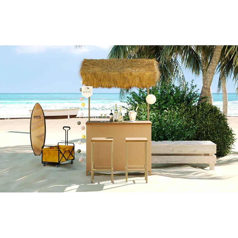 Hawaiian-Style Bar Height Patio Set With PE Grass Canopy, Outdoor Bar Table And Stools With Adjustab