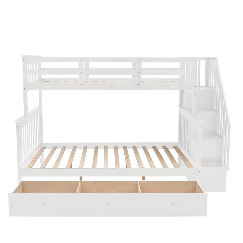 Twin Over Full Stairway Bunk Bed With Drawer, Storage And Guard Rail For Bedroom, Dorm, For Adults -