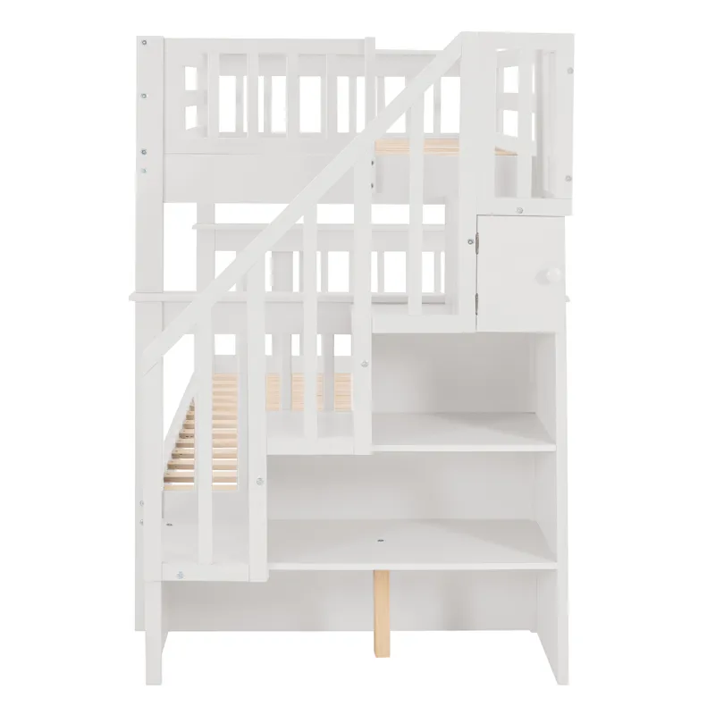 Stairway Twin Over Twin Bunk Bed With Twin Size Trundle For Bedroom, Dorm, Adults - White