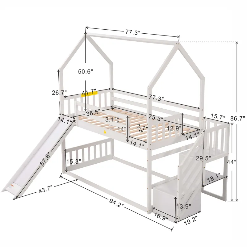 Twin Over Twin House Bunk Bed With Convertible Slide, Storage Staircase - White