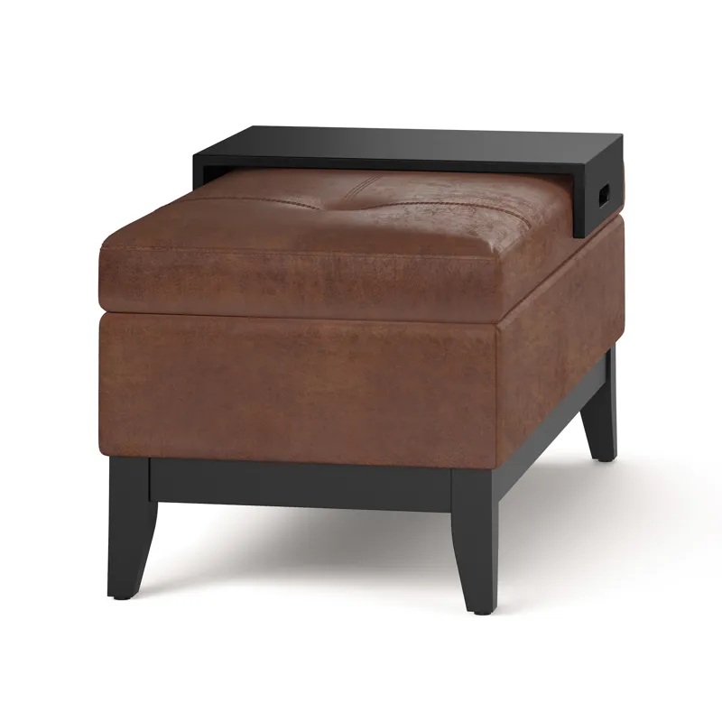 Oregon - Storage Ottoman Bench with Tray - Distressed Saddle Brown
