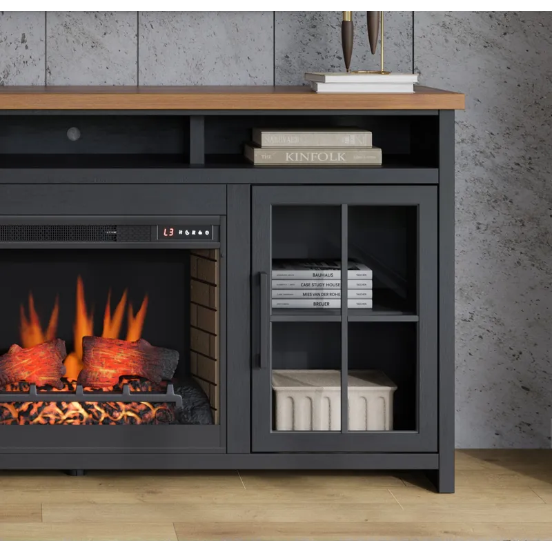 Bridgevine Home - Essex 74" Fireplace TV Stand Console - Black and Whiskey Finish
