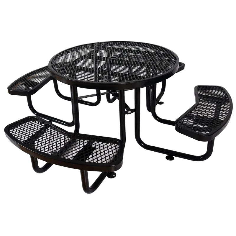 Round Outdoor Steel Picnic Table, With Umbrella Pole - Black