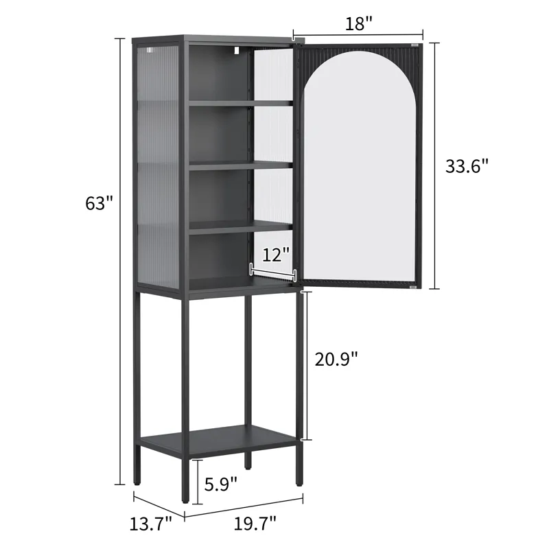 Metal Glass Door Display Storage Cabinet, 5 Tier Cube Bookshelf Storage Cabinet With 3 Adjustable Sh