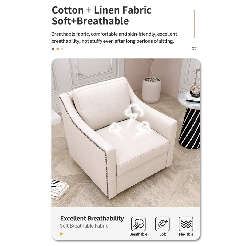 360 Degree Swivel Armchair Cotton Linen Skin-Friendly Fabric Ergonomic Design Brass Nail Decorative 