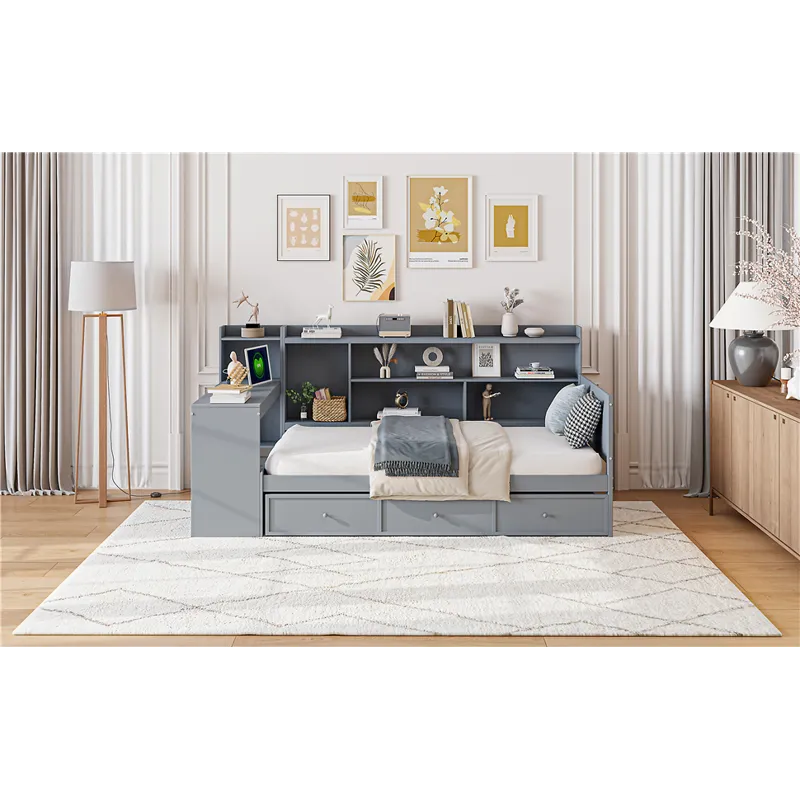Twin Size Wooden Daybed With 3 Drawers, USB Ports And Desk - Gray