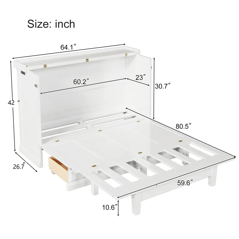 Queen Solid Pine Murphy Bed Chest Cube Cabinet Bed With Charging Station And Large Storage Drawer Fo