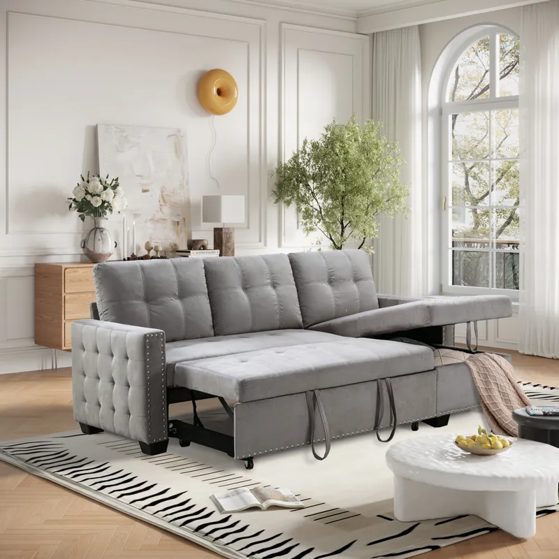 Reversible Sectional Storage Sleeper Sofa Bed, L-Shape 2 Seat Sectional Chaise With Storage, Skin-Fe