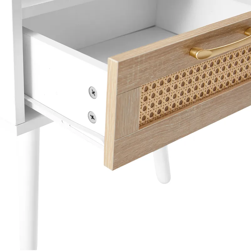 15.75\" Rattan End Table With Power Outlet & USB Ports, Modern Nightstand With Drawer And Solid Wood