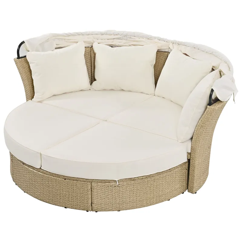 Outdoor Patio Daybed Wicker Rattan Double Daybed Round Sofa Furniture Set With Retractable Canopy, 4
